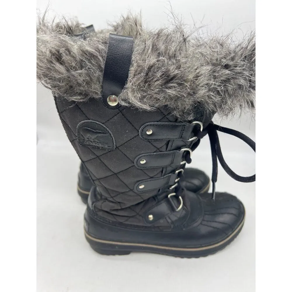 Sorel Tofino Cafe Women Black Canvas Waterproof Faux Fur Winter Duck Boots Size